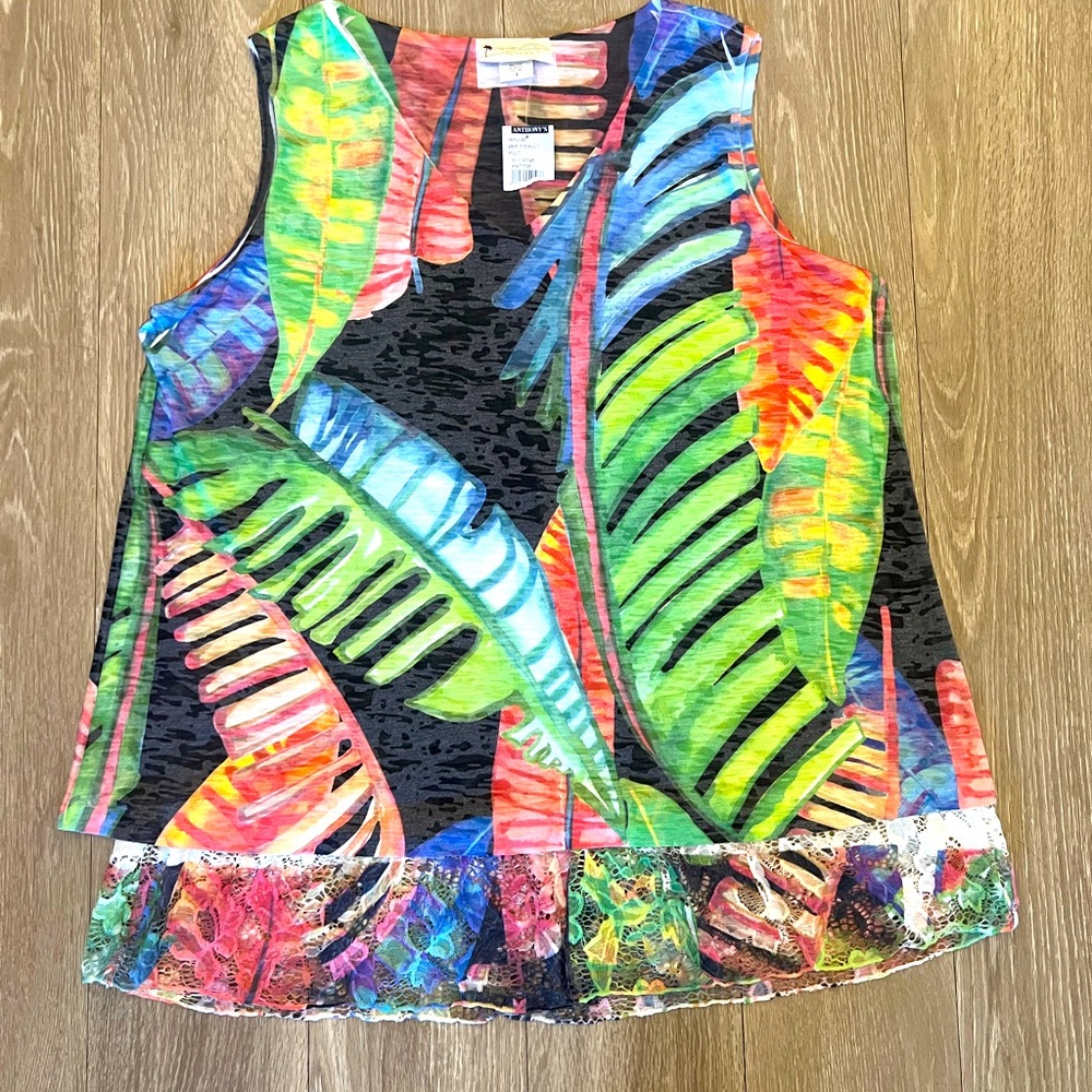 IMPULSE CALIFORNIA  Large Lightweight Tunic Tank Top Lace Detail Leafs Tropical